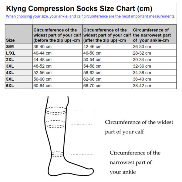 Klyng Compression Long Socks Size Chart (cm)