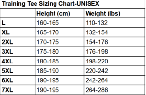 Training Tee Sizing Chart